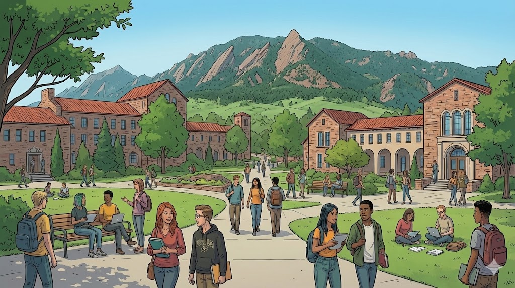 CU Boulder campus with Flatirons mountains